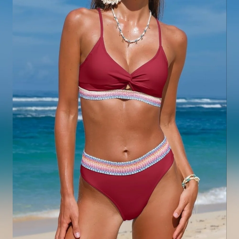 New with tags! Seamoly Womens XS red twist bikini colorful zig zag trim swimsuit